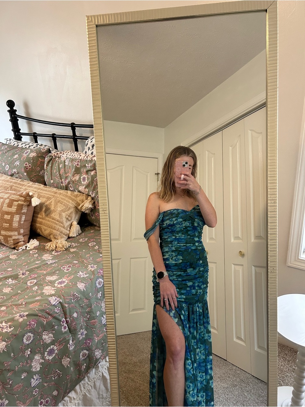12th Tribe Blue Floral Off-Shoulder Ruched Maxi Dress with Side Slit